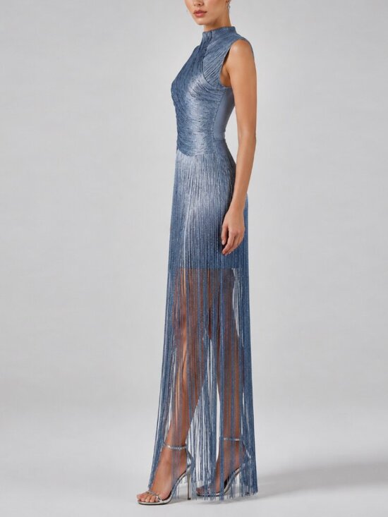 Dresses & Skirts - Glam Slate Blue Shimmer Fringe Mock Neck Bandage Bodycon Maxi Gown